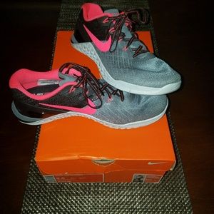 Black,  grey,  & hot pink NIKE Metcon 3s